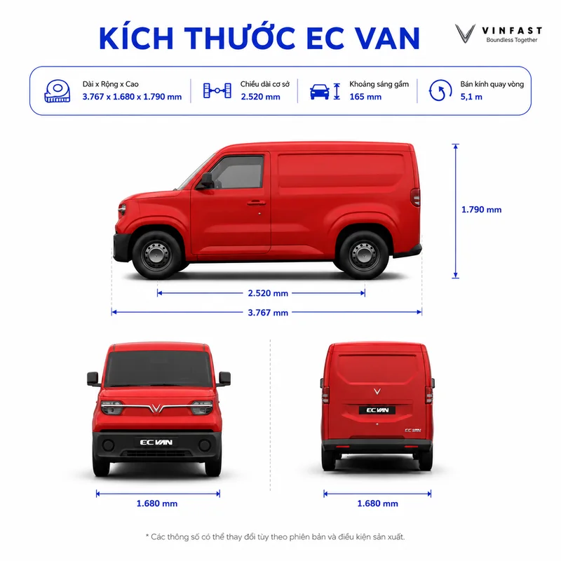 Hình ảnh kích thước tổng thể xe VinFast EC Van Màu Đỏ với chiều dài, rộng, cao, chiều dài cơ sở, khoảng sáng gầm và bán kính quay vòng