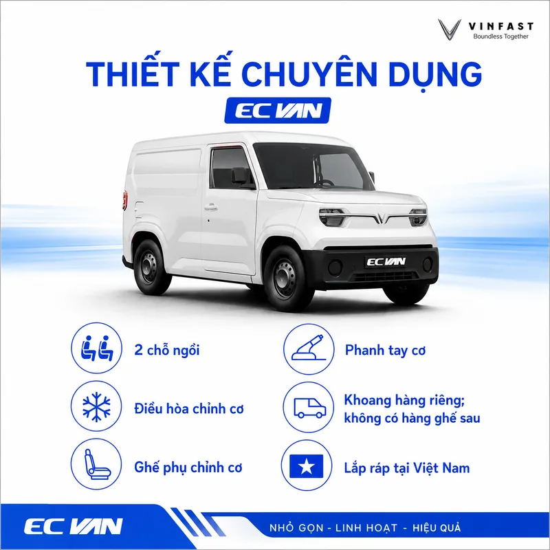 Thiết kế chuyên dụng của VinFast EC Van với 2 chỗ ngồi, điều hòa chỉnh cơ, ghế phụ chỉnh cơ, phanh tay cơ, khoang hàng riêng không có hàng ghế sau, lắp ráp tại Việt Nam
