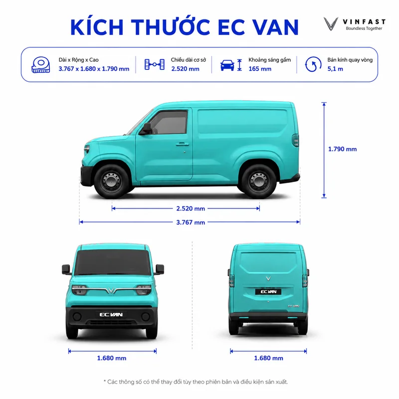 Hình ảnh xe tải điện VinFast EC Van màu xanh dương với kích thước tổng thể, chiều dài cơ sở, khoảng sáng gầm và bán kính quay vòng