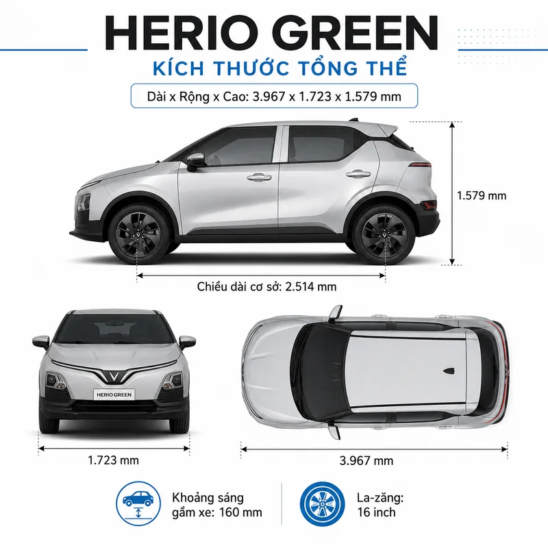 Hình ảnh kích thước tổng thể và ngoại thất xe VinFast Herio Green Màu Bạc với các thông số chiều dài, chiều rộng, chiều cao, khoảng sáng gầm xe và la-zăng 16 inch