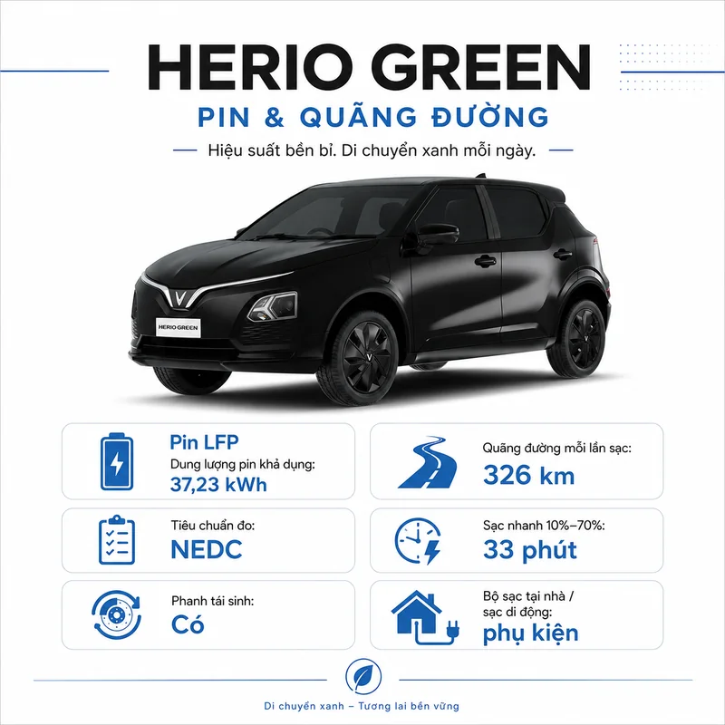 Thông tin pin LFP dung lượng 37,23 kWh, quãng đường mỗi lần sạc 326 km theo chuẩn NEDC, sạc nhanh 10%-70% trong 33 phút, có phanh tái sinh và bộ sạc tại nhà hoặc sạc di động phụ k…
