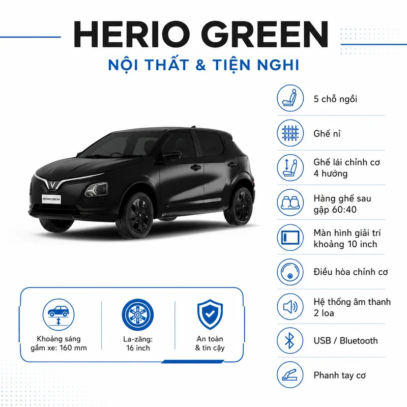 Nội thất và tiện nghi của VinFast Herio Green gồm 5 chỗ ngồi, ghế nỉ, ghế lái chỉnh cơ 4 hướng, hàng ghế sau gập 60:40, màn hình giải trí 10 inch, điều hòa chỉnh cơ, âm thanh 2 lo…