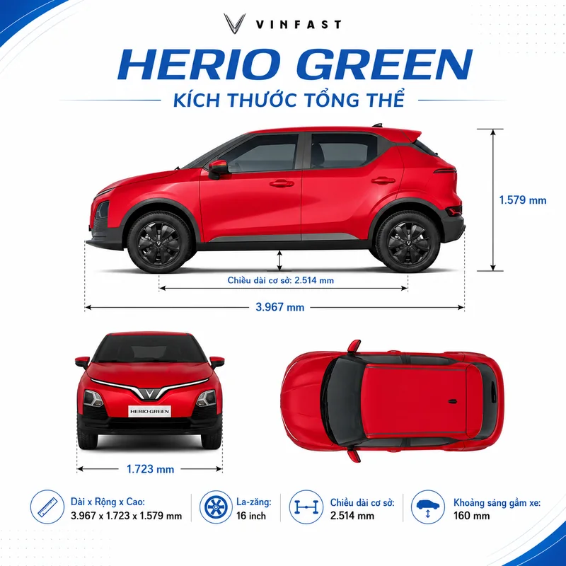 Kích thước tổng thể xe dài 3.967 mm, rộng 1.723 mm, cao 1.579 mm, chiều dài cơ sở 2.514 mm, la-zăng 16 inch, khoảng sáng gầm 160 mm.