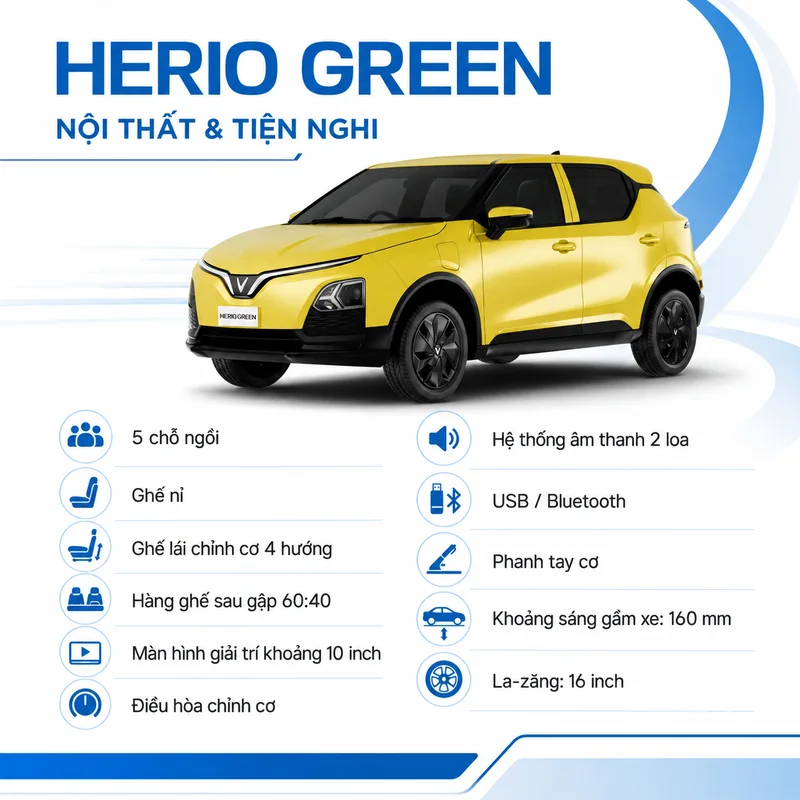 Xe VinFast Herio Green Màu Vàng với các tính năng nội thất và tiện nghi như 5 chỗ ngồi, ghế nỉ, ghế lái chỉnh cơ 4 hướng, màn hình giải trí 10 inch, điều hòa chỉnh cơ, âm thanh 2…
