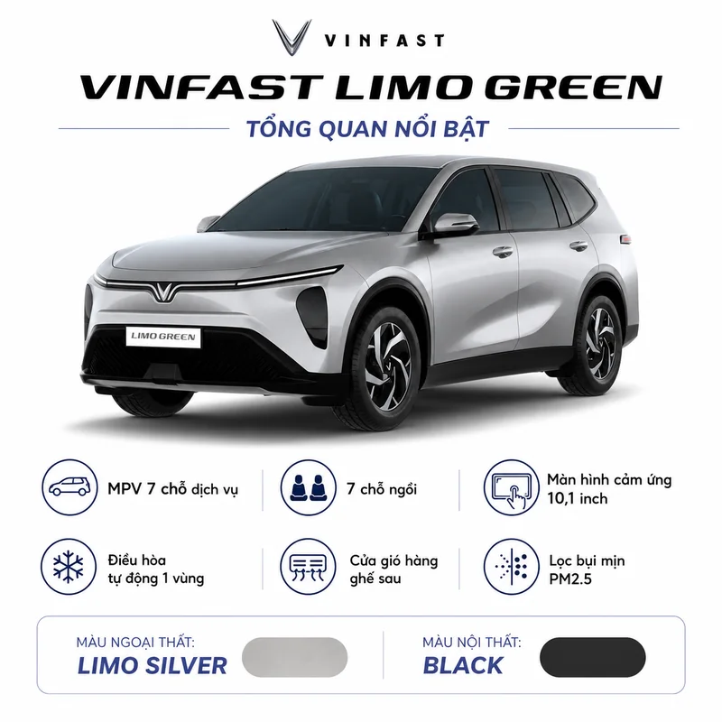 Xe VinFast Limo Green màu bạc với các biểu tượng tính năng nổi bật như MPV 7 chỗ, màn hình cảm ứng 10,1 inch, điều hòa tự động một vùng và lọc bụi mịn PM2.5