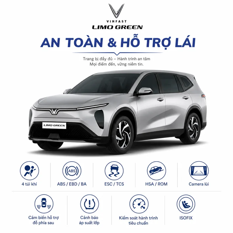 Xe VinFast Limo Green màu bạc với các biểu tượng an toàn như 4 túi khí, ABS, ESC, hỗ trợ khởi hành ngang dốc, camera lùi và ISOFIX