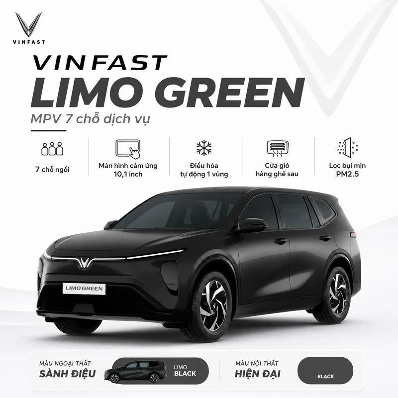 Xe VinFast Limo Green màu đen với các biểu tượng tính năng như 7 chỗ ngồi, màn hình cảm ứng 10,1 inch, điều hòa tự động một vùng, cửa gió hàng ghế sau và lọc bụi mịn PM2.5