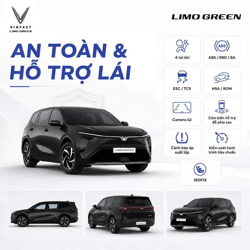 Xe VinFast Limo Green màu đen cùng các biểu tượng an toàn và hỗ trợ lái như 4 túi khí, ABS/EBD/BA, ESC/TCS, HSA/ROM, camera lùi, cảm biến đỗ xe, cảnh báo áp suất lốp, kiểm soát hà…