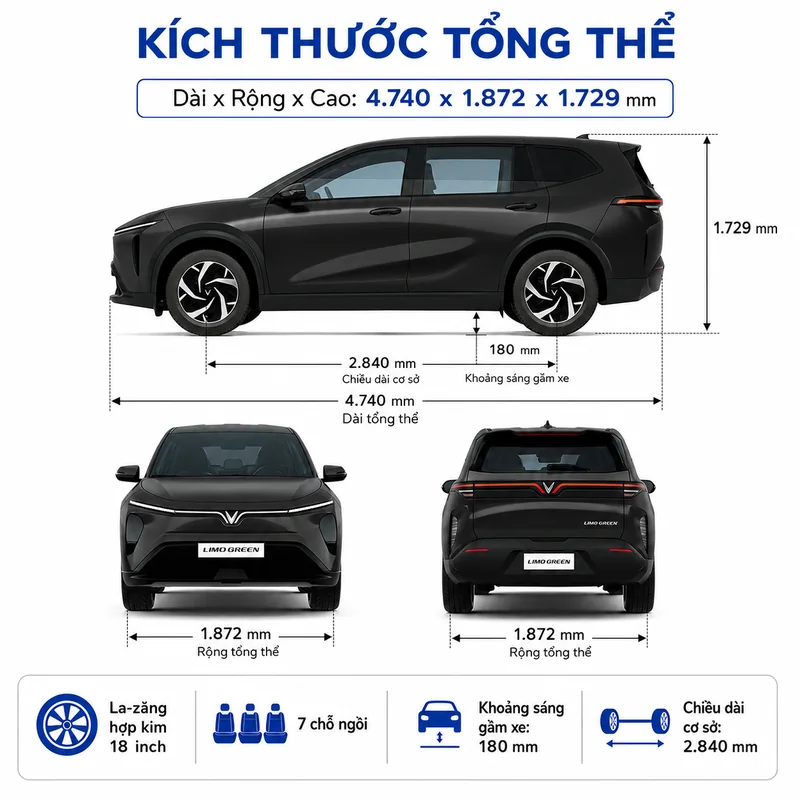 Hình ảnh kích thước tổng thể xe VinFast Limo Green màu đen với các thông số dài 4740 mm, rộng 1872 mm, cao 1729 mm, chiều dài cơ sở 2840 mm, khoảng sáng gầm xe 180 mm và la-zăng h…
