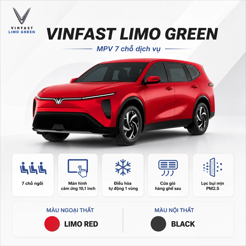 Xe VinFast Limo Green màu đỏ với thiết kế MPV 7 chỗ dịch vụ, biểu tượng các tính năng như 7 chỗ ngồi, màn hình cảm ứng 10,1 inch, điều hòa tự động một vùng, cửa gió hàng ghế sau v…