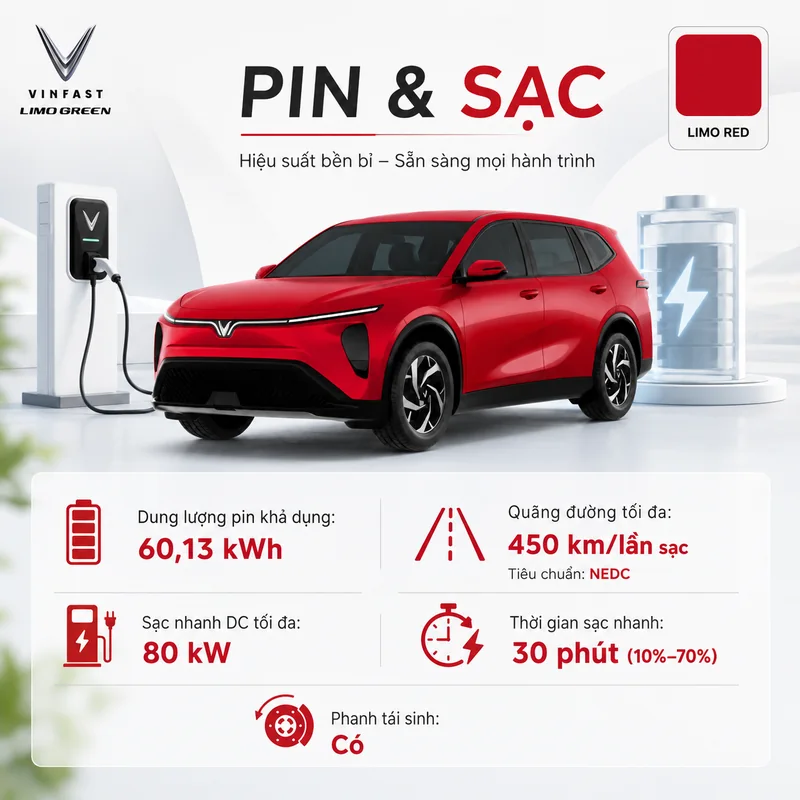 Hình ảnh xe VinFast Limo Green màu đỏ cùng thông tin dung lượng pin 60,13 kWh, quãng đường tối đa 450 km/lần sạc, sạc nhanh DC 80 kW, thời gian sạc nhanh 30 phút và phanh tái sinh