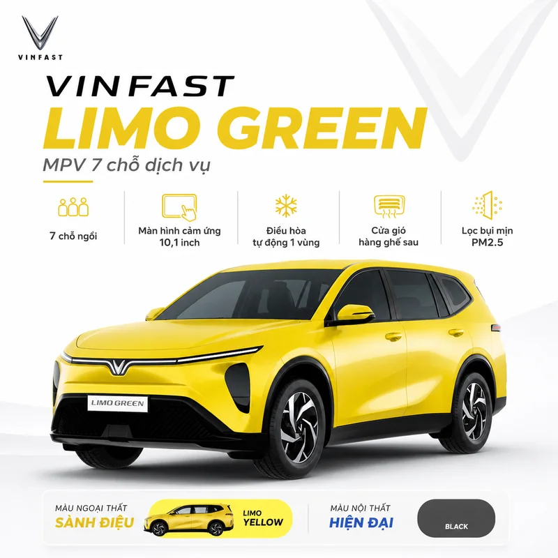 VinFast Limo Green Màu Vàng với ngoại thất màu vàng nổi bật, biểu tượng các tính năng như 7 chỗ ngồi, màn hình cảm ứng 10,1 inch, điều hòa tự động 1 vùng, cửa gió hàng ghế sau và…