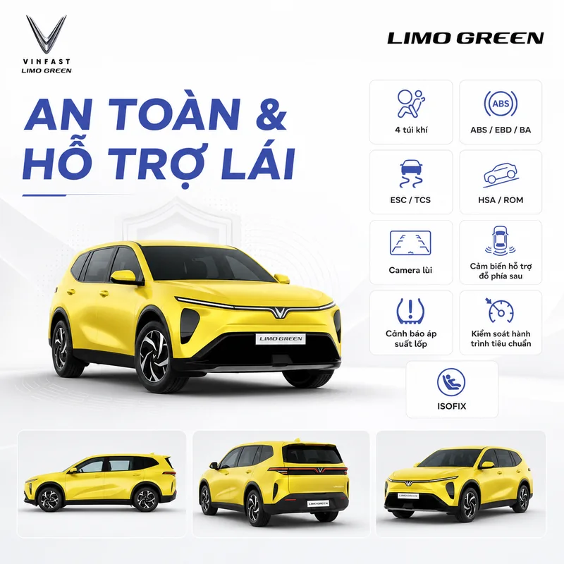 VinFast Limo Green Màu Vàng với các tính năng an toàn gồm 4 túi khí, ABS, EBD, BA, ESC, TCS, HSA, ROM, camera lùi, cảm biến đỗ xe, cảnh báo áp suất lốp và móc ghế trẻ em ISOFIX