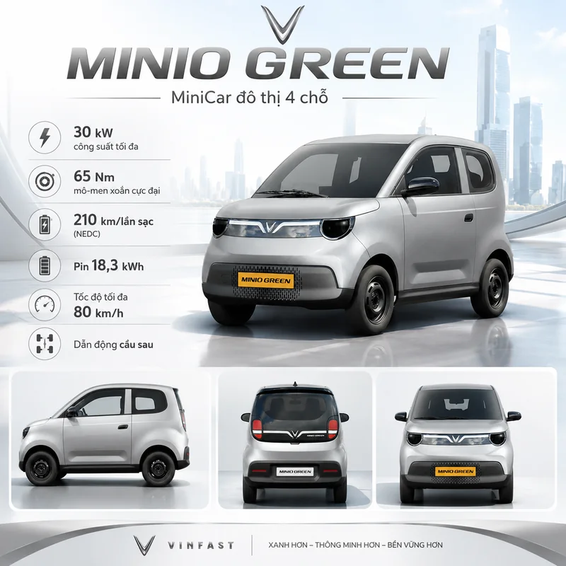 VinFast Minio Green Màu Bạc với các thông số kỹ thuật, công suất 30 kW, mô-men xoắn 65 Nm, pin 18,3 kWh, tốc độ tối đa 80 km/h và thiết kế tổng quan xe từ nhiều góc nhìn