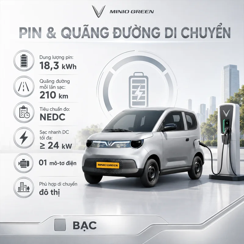 Minio Green Màu Bạc với dung lượng pin 18,3 kWh, quãng đường di chuyển 210 km mỗi lần sạc, sạc nhanh DC ≥ 24 kW, mô-tơ điện 1 chiếc, phù hợp di chuyển đô thị