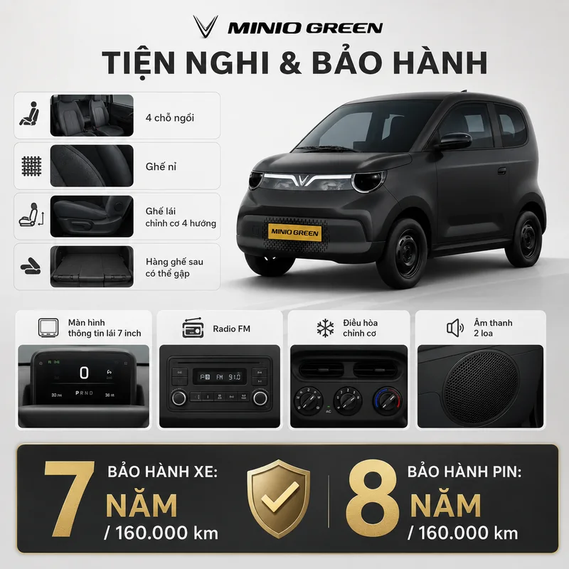 Ngoại thất xe màu đen cùng các tiện nghi nội thất như ghế nỉ, ghế lái chỉnh cơ 4 hướng, hàng ghế sau có thể gập, màn hình lái 7 inch, radio FM, điều hòa chỉnh cơ và âm thanh 2 loa