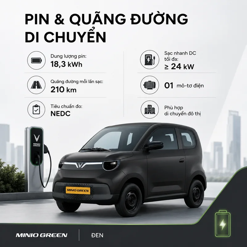 Minio Green màu đen với dung lượng pin 18,3 kWh, quãng đường di chuyển 210 km mỗi lần sạc, sạc nhanh DC ≥ 24 kW và mô-tơ điện 1 mô-tơ