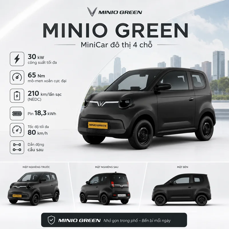 VinFast Minio Green Màu Đen với các thông số kỹ thuật chính như công suất 30 kW, mô-men xoắn 65 Nm, pin 18,3 kWh, tốc độ tối đa 80 km/h và dẫn động cầu sau