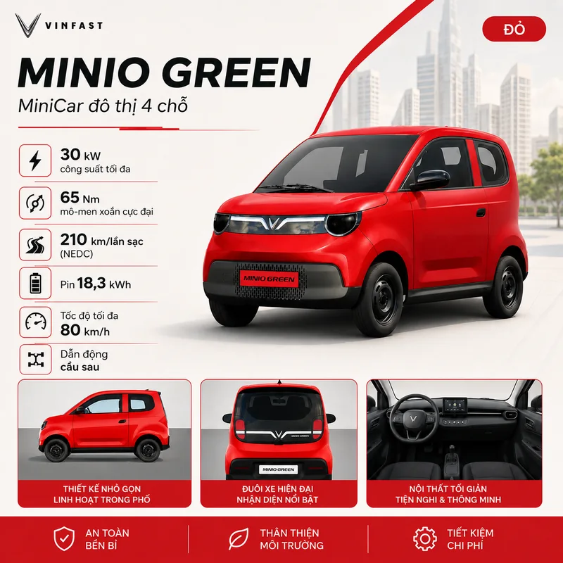 Xe VinFast Minio Green Màu Đỏ với thiết kế nhỏ gọn, nhiều tính năng và thông số kỹ thuật nổi bật như công suất 30 kW, mô-men xoắn 65 Nm, pin 18,3 kWh, tốc độ tối đa 80 km/h, dẫn đ…