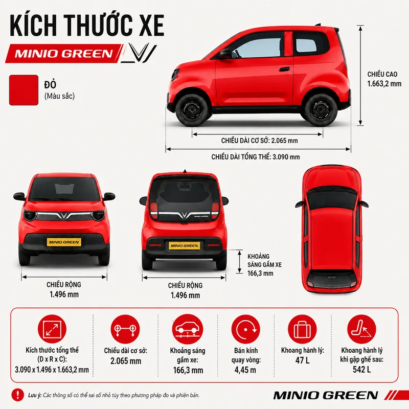 Hình ảnh kích thước xe VinFast Minio Green Màu Đỏ với các thông số chiều dài, chiều rộng, chiều cao, chiều dài cơ sở, khoảng sáng gầm và khoang hành lý.