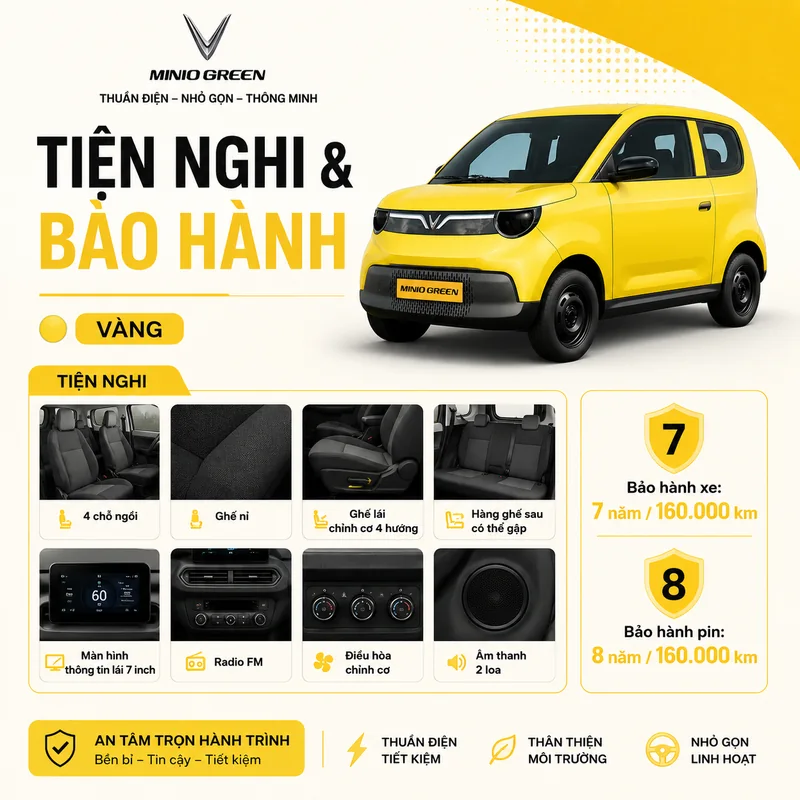 Các tiện nghi của VinFast Minio Green gồm ghế nỉ, ghế lái chỉnh cơ 4 hướng, hàng ghế sau có thể gập, màn hình thông tin lái 7 inch, radio FM, điều hòa chỉnh cơ và âm thanh 2 loa