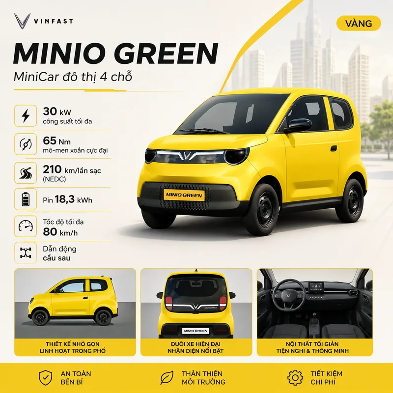 VinFast Minio Green Màu Vàng với thiết kế nhỏ gọn, công suất 30 kW, pin 18,3 kWh, tốc độ tối đa 80 km/h và dẫn động cầu sau