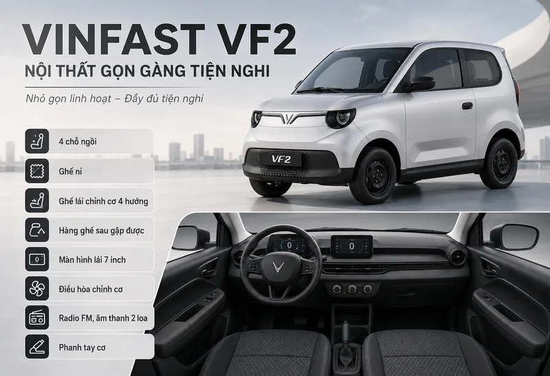 VinFast VF2 màu bạc với nội thất gọn gàng tiện nghi, hiển thị các tính năng như 4 chỗ ngồi, ghế nỉ, ghế lái chỉnh cơ 4 hướng, hàng ghế sau gập được, màn hình lái 7 inch, điều hòa…