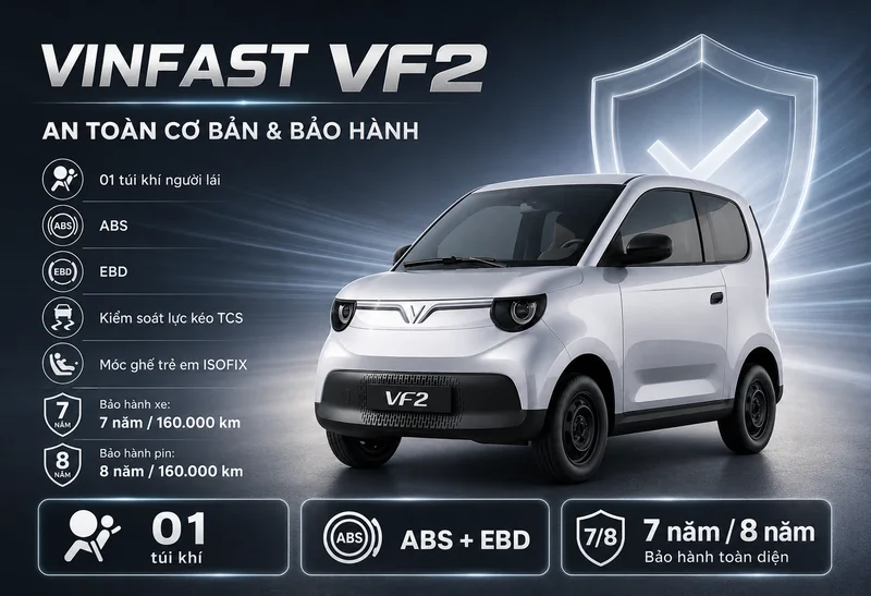 VinFast VF2 màu bạc với các trang bị an toàn cơ bản: 1 túi khí người lái, ABS, EBD, kiểm soát lực kéo TCS, móc ghế trẻ em ISOFIX, bảo hành xe 7 năm và pin 8 năm