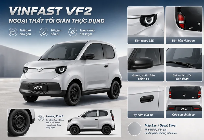 VinFast VF2 màu bạc với ngoại thất tối giản thực dụng, các chi tiết đèn trước LED, đèn hậu halogen, gương chiếu hậu chỉnh cơ, tay nắm cửa cơ, cốp sau chỉnh cơ và la-zăng 13 inch