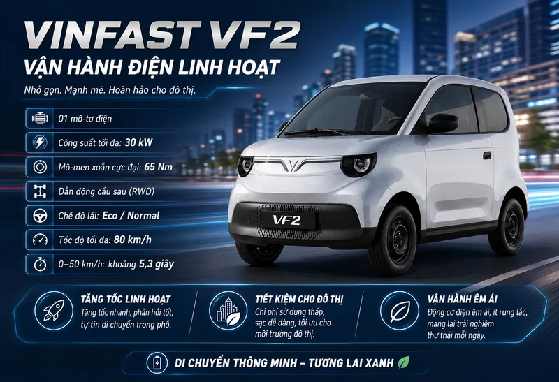 VinFast VF2 màu bạc với các thông số vận hành: mô-tơ điện 30 kW, mô-men xoắn 65 Nm, dẫn động cầu sau, chế độ lái Eco/Normal, tốc độ tối đa 80 km/h, tăng tốc 0-50 km/h trong 5,3 gi…