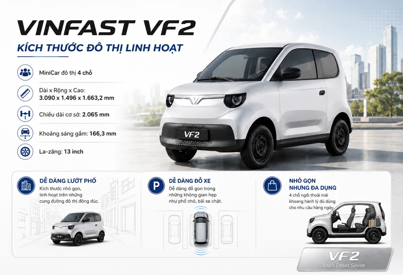 VinFast VF2 màu bạc với kích thước đô thị linh hoạt, hiển thị các thông số dài x rộng x cao, chiều dài cơ sở, khoảng sáng gầm, la-zăng 13 inch và các ưu điểm dễ dàng lướt phố, đỗ…