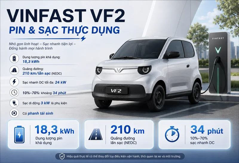 VinFast VF2 màu bạc bên trạm sạc với thông số pin và sạc: dung lượng pin 18,3 kWh, quãng đường 210 km mỗi lần sạc, sạc nhanh 10%-70% trong 34 phút, có phanh tái sinh