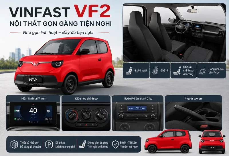 VinFast VF 2 màu đỏ với nội thất gọn gàng tiện nghi, ghế bọc nỉ cho 4 người, màn hình lái 7 inch, điều hòa chỉnh cơ và radio FM 2 loa