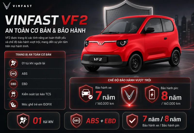 VinFast VF 2 màu đỏ với an toàn cơ bản gồm 1 túi khí, ABS, EBD, TCS, móc ghế trẻ em ISOFIX và bảo hành xe 7 năm, pin 8 năm