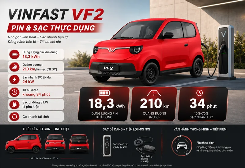 VinFast VF 2 màu đỏ với pin dung lượng 18,3 kWh, quãng đường 210 km mỗi lần sạc, sạc nhanh 34 phút từ 10% đến 70%, có phanh tái sinh tiết kiệm năng lượng