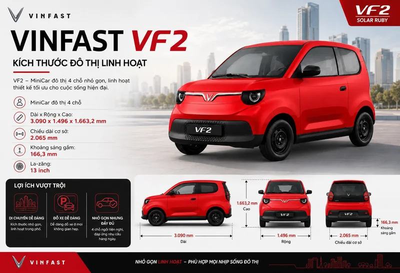 VinFast VF 2 màu đỏ với kích thước đô thị linh hoạt, dài 3.090 mm, rộng 1.496 mm, cao 1.663,2 mm, la-zăng 13 inch và khoảng sáng gầm 166,3 mm