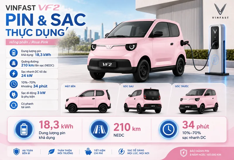 Xe VinFast VF 2 màu hồng đang sạc pin tại trạm sạc với các thông số pin và sạc hiển thị bên cạnh