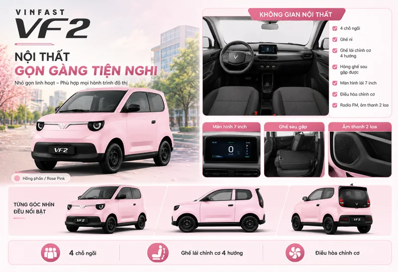 Nội thất xe VinFast VF 2 màu hồng với ghế nỉ, màn hình 7 inch, ghế sau gập được và hệ thống âm thanh 2 loa