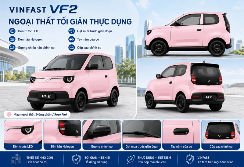 Ngoại thất xe VinFast VF 2 màu hồng với đèn LED, gương chỉnh cơ và tay nắm cửa cơ bản