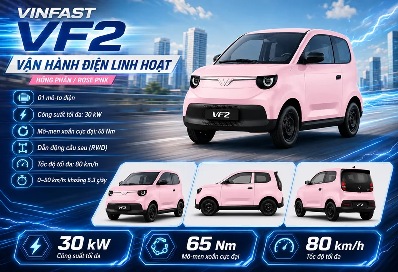 Xe VinFast VF 2 màu hồng vận hành điện với các thông số công suất 30 kW, mô-men xoắn 65 Nm và tốc độ tối đa 80 km/h