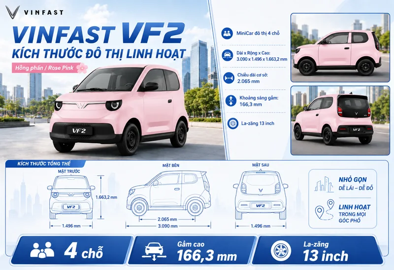 Xe VinFast VF 2 màu hồng với kích thước tổng thể và các thông số chiều dài, rộng, cao, gầm xe và la-zăng 13 inch