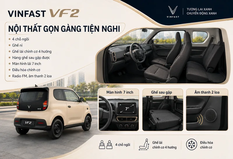 Nội thất gọn gàng tiện nghi của VinFast VF 2 với ghế nỉ, ghế lái chỉnh cơ 4 hướng, màn hình lái 7 inch, điều hòa chỉnh cơ và radio FM âm thanh 2 loa