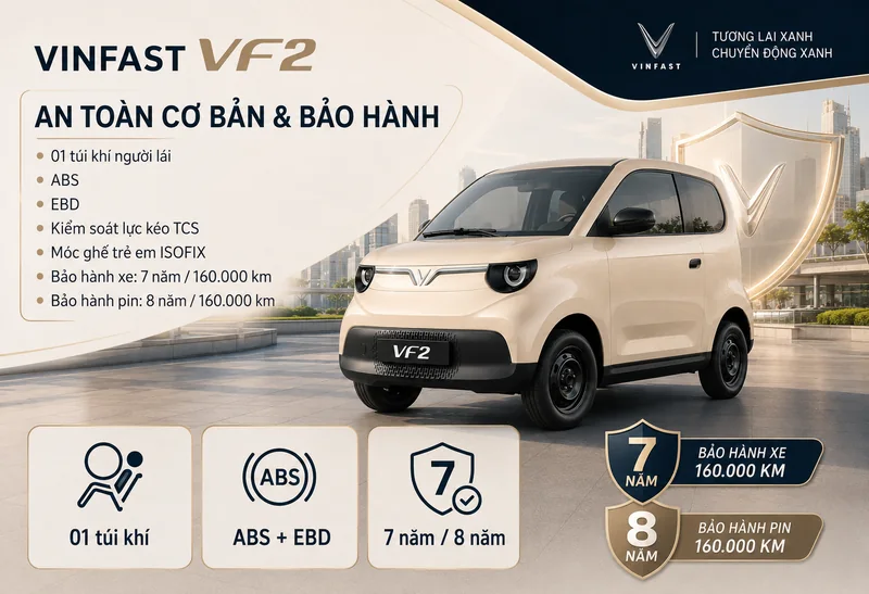 VinFast VF 2 với các tính năng an toàn cơ bản gồm 1 túi khí người lái, ABS, EBD, kiểm soát lực kéo TCS và bảo hành xe 7 năm, pin 8 năm