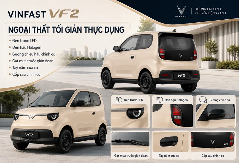 VinFast VF 2 màu nâu be cát với ngoại thất tối giản gồm đèn trước LED, đèn hậu Halogen, gương chiếu hậu chỉnh cơ, gạt mưa, tay nắm cửa và cốp sau chỉnh cơ