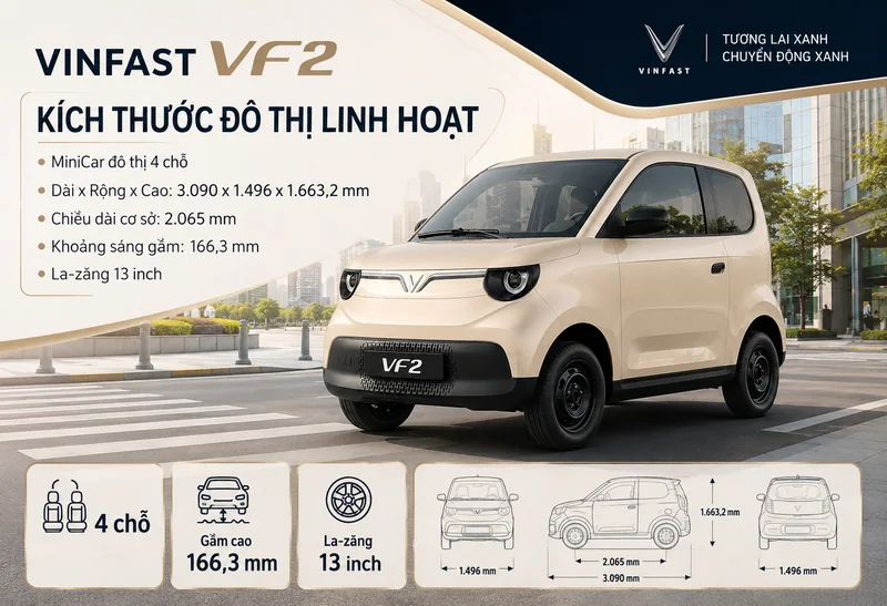 VinFast VF 2 màu nâu be cát với kích thước tổng thể và các thông số đô thị linh hoạt như chiều dài, chiều rộng, chiều cao, khoảng sáng gầm và la-zăng 13 inch