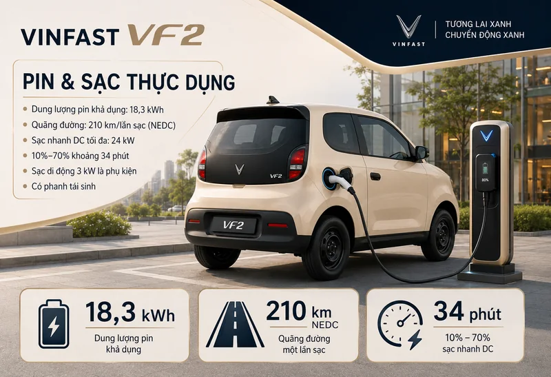VinFast VF 2 đang sạc pin với thông số dung lượng pin 18,3 kWh, quãng đường 210 km và thời gian sạc nhanh 34 phút