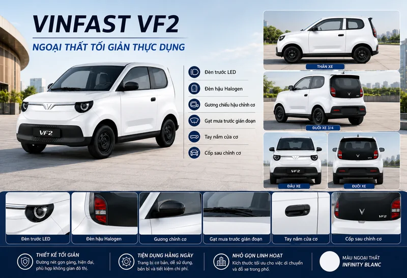VinFast VF2 màu trắng với thiết kế ngoại thất tối giản, các góc chụp thân xe, đèn trước LED, đèn hậu Halogen, gương chiếu hậu chỉnh cơ, tay nắm cửa cơ và cốp sau chỉnh cơ