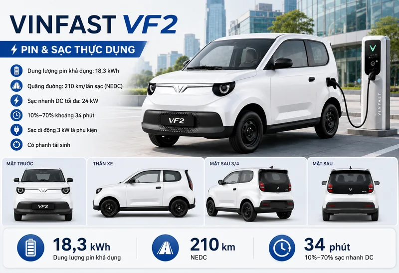 VinFast VF2 màu trắng với pin dung lượng 18,3 kWh, quãng đường 210 km/lần sạc, sạc nhanh DC 24 kW trong 34 phút từ 10% đến 70%, có phanh tái sinh
