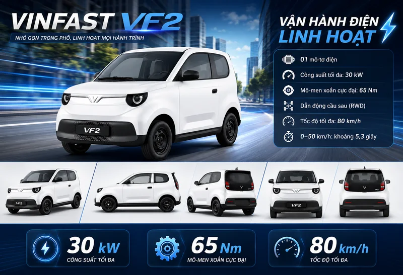 VinFast VF2 màu trắng vận hành điện với mô-tơ 30 kW, mô-men xoắn 65 Nm, dẫn động cầu sau, tốc độ tối đa 80 km/h, tăng tốc 0-50 km/h trong 5,3 giây