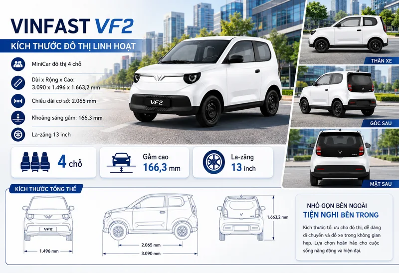 VinFast VF2 màu trắng với kích thước đô thị linh hoạt, các góc chụp thân xe, kích thước dài 3.090 mm, rộng 1.496 mm, cao 1.663,2 mm, chiều dài cơ sở 2.065 mm, gầm xe cao 166,3 mm…